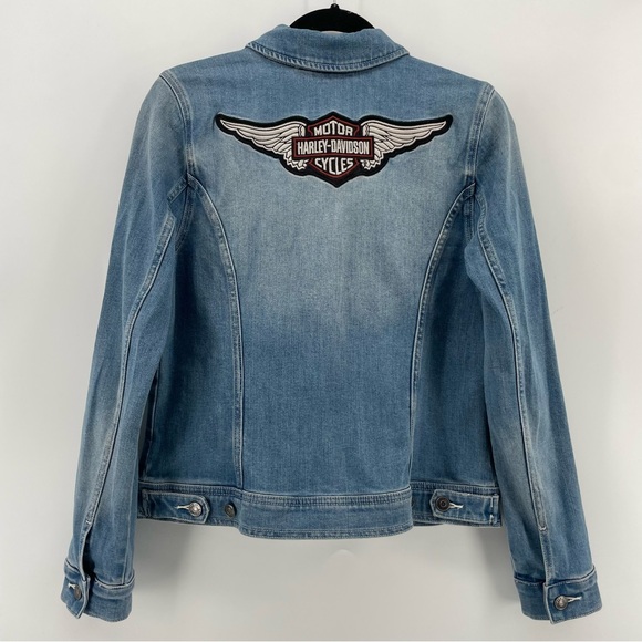 Harley Davidson Women’s Jean Jacket Blue Denim Winged Logo Patch M - Picture 5 of 9